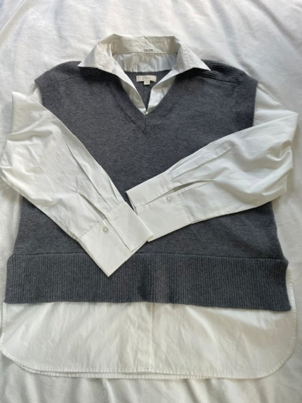 The Elan Women's Long Sleeve Layered Sweater Vest Shirt in Gray White, Size L is
